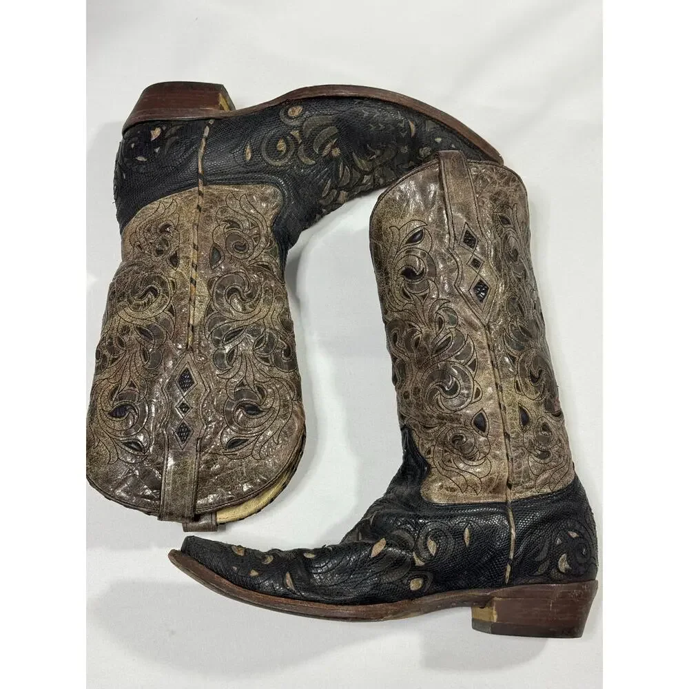 Vintage CORRAL Mens 10.5 Black Brown Leather Cowboy Boots Classic Western